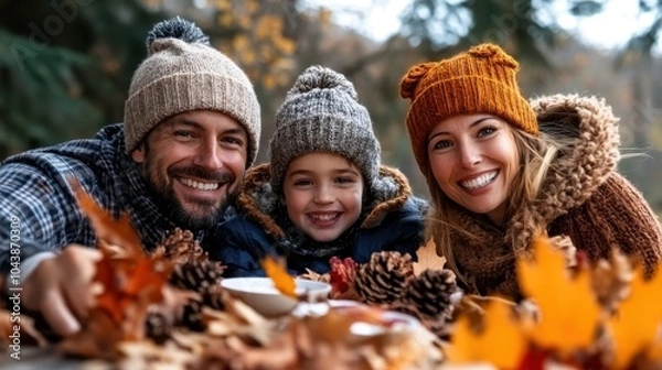 Fototapeta A family of three, dressed in warm clothes with knitted hats, happily enjoying an outdoor picnic surrounded by autumn leaves and pine cones during a sunny fall day.