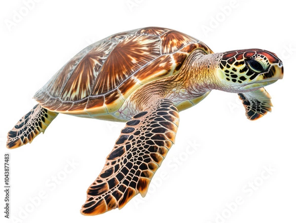 Fototapeta A vibrant green sea turtle swims gracefully in clear waters, showcasing its intricate shell pattern.