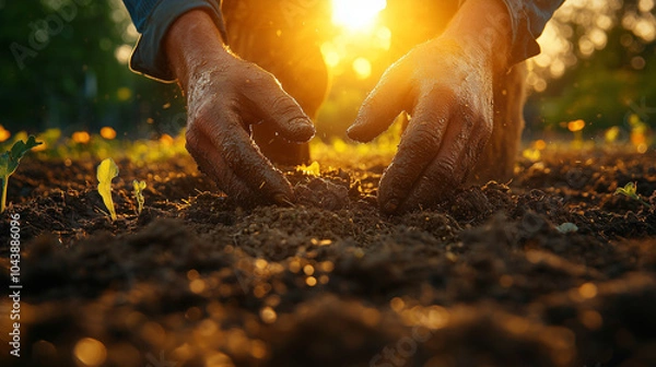 Obraz close-up of a farmer's hands planting young plants in the soil, illuminated by a warm sunset glow