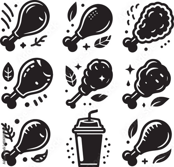 Fototapeta Chicken parts vector art, Icons, Fried chicken leg icon silhouette vector on a white background.