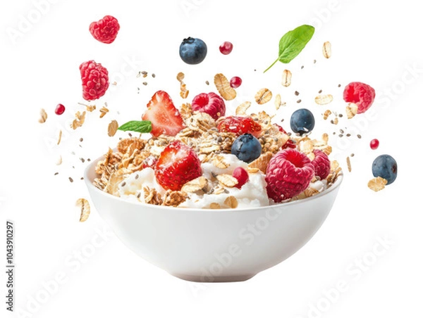 Fototapeta Vibrant bowl of granola with fresh berries and oats in a white bowl.