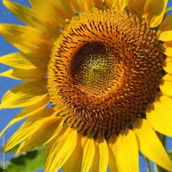 Fototapeta Sunflower Facing the Sun: An eye-level close-up of a sunflower turned toward the sun, with deep focus on the bloom, capturing the golden petals and the contrast between the flower and the clear blue