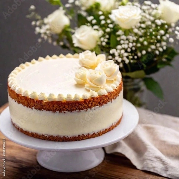 Fototapeta An aerial view of a classic vanilla cake with elegant buttercream frosting and floral decorations, with the cake and details in sharp focus and the background softly blurred, emphasizing the cake's
