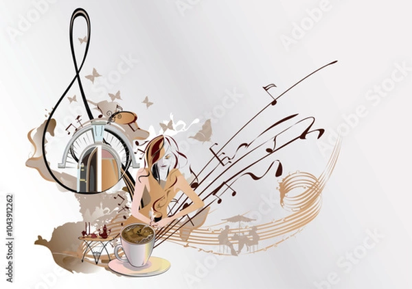 Obraz Coffee music. Abstract treble clef decorated with coffee wave, beans and a cup. Hand drawn vector illustration.