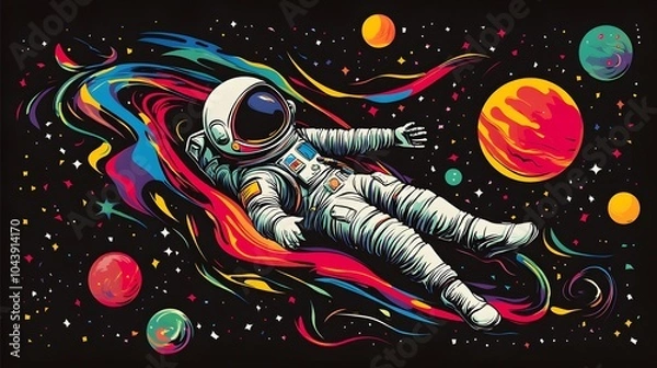 Fototapeta An astronaut floating in space, surrounded by colorful planets and galaxies, illustrated with flat design elements.