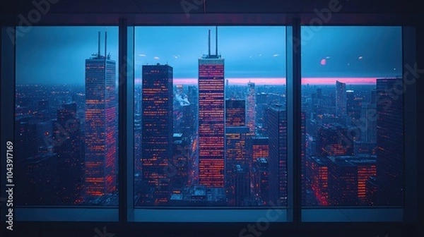 Obraz City skyline viewed through large windows at twilight.