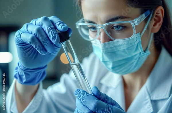 Fototapeta Female scientist looking at the scientific sample in the laboratory