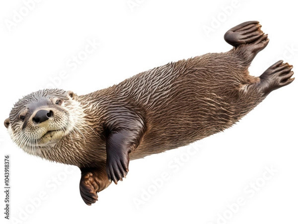 Fototapeta Playful river otter floating with curiosity in its eyes, showcasing its smooth fur coat.