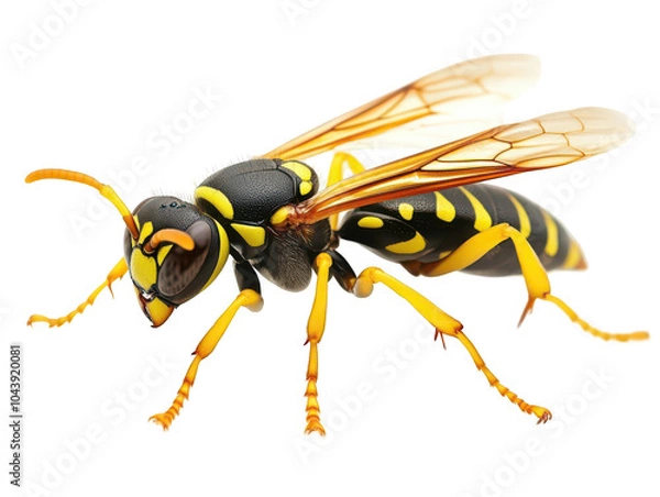 Fototapeta Close-up of a vibrant yellow and black wasp isolated on white background.