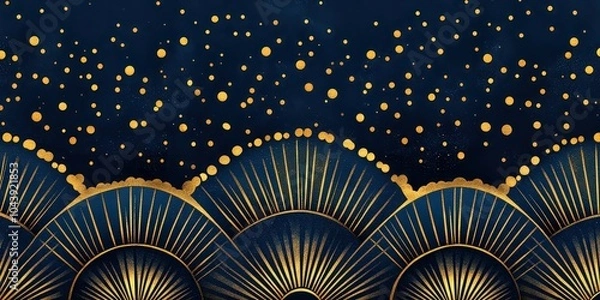 Fototapeta  Elegant dark blue and gold fan-like pattern with sparkling dots, inspired by art deco design, creating sophisticated, luxurious visual appeal.