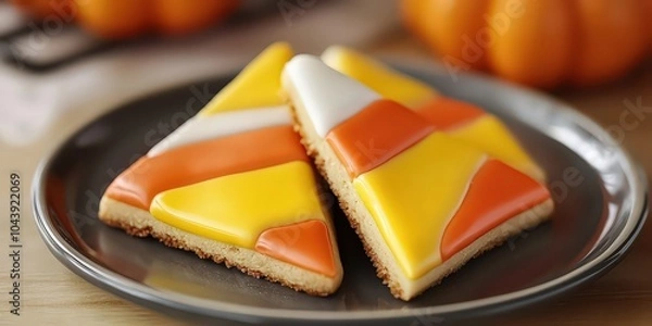 Fototapeta  triangular cookie inspired by classic Halloween candy corn, iced in vibrant yellow, orange, and white sections, adding a fun and festive holiday touch.