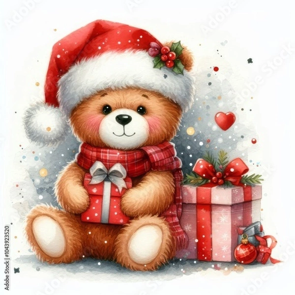 Obraz Funny teddy bear in santa hat with christmas gifts. Greeting card. Print. New Year
