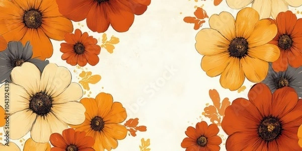 Fototapeta  Vintage-style print featuring floral pattern inspired by 1960s designs, using warm earth tones to evoke nostalgic and retro vibes.