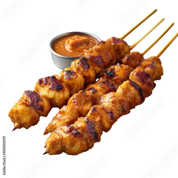 Obraz Chicken Satay with Peanut Sauce, tender skewered chicken served with a rich, creamy peanut dipping sauce, garnished with fresh herbs.