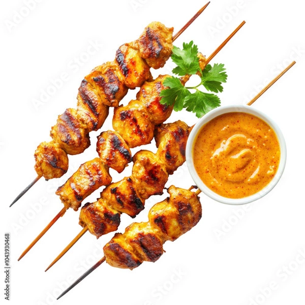 Obraz Chicken Satay, skewered chicken served with rich peanut sauce, a flavorful dish perfect for gatherings and culinary exploration