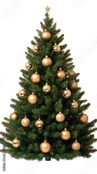 Fototapeta Delicate frost-covered Christmas tree branches are beautifully decorated with golden ornaments and pine cones, creating a festive flat lay design