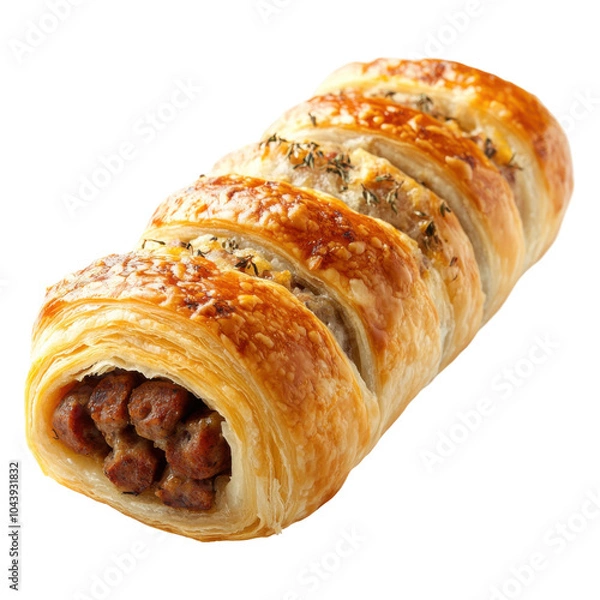 Obraz Flaky Pastry Delight, a savory sausage roll wrapped in golden, crisp pastry, perfect for a hearty snack or meal on the go.
