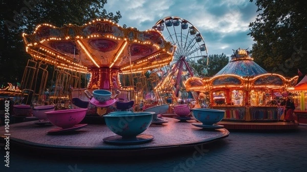 Fototapeta Carousel with Teacups at Night