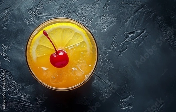 Fototapeta Refreshing orange cocktail topped with a cherry and lemon slice on a dark surface