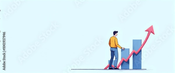 Fototapeta Graphic illustration of a person standing next to a block diagram, constantly growing capital and increasing profit from money deposits, success model
