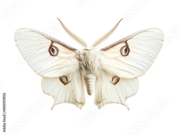 Fototapeta Close-up of a stunning white moth with intricate wing patterns on a white background.