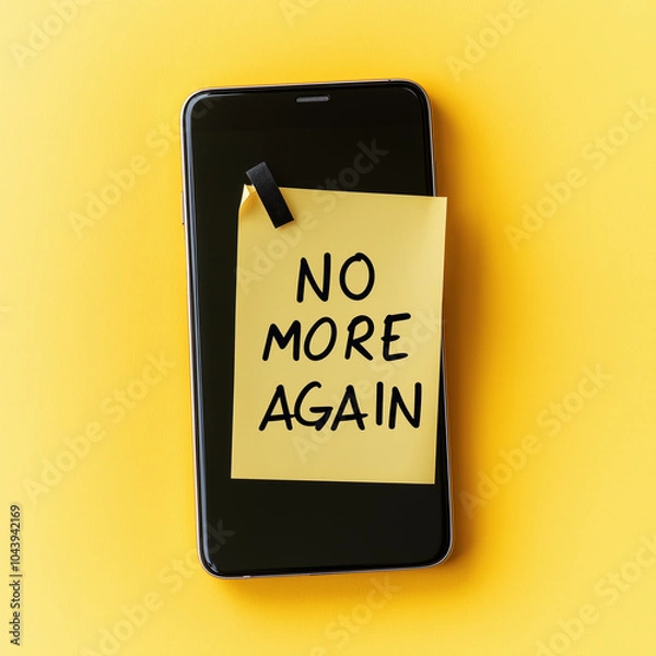 Obraz 'No More Again' Sticky Note on Phone on a Yellow Background. Digital Detox Reminder, Addiction Control. Generative AI
