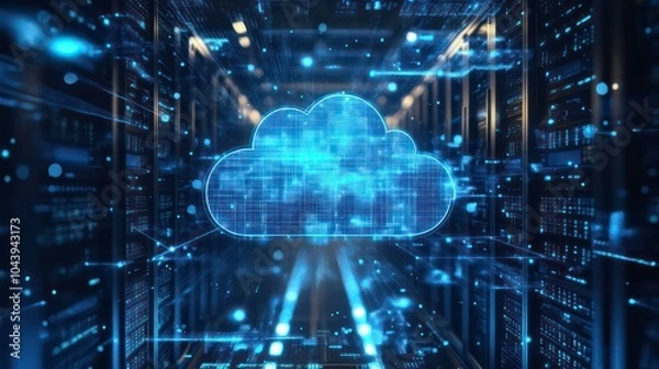 Fototapeta A glowing blue cloud icon hovers in a server room, representing cloud computing and data storage.