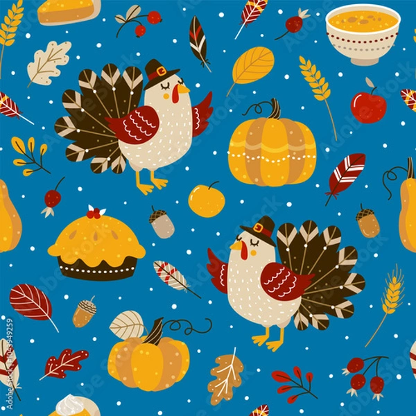 Obraz Seamless pattern with cute turkey and autumn elements for Thanksgiving day design