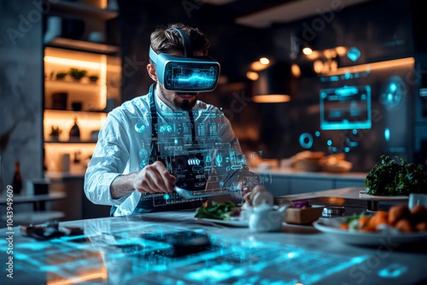 Fototapeta Futuristic Chef in a Modern Kitchen Using Virtual Reality Glasses and Holographic Interface for Advanced Cooking Techniques