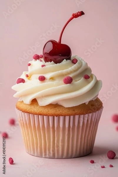 Fototapeta Delicious vanilla cupcake topped with cream frosting and a cherry on pink background