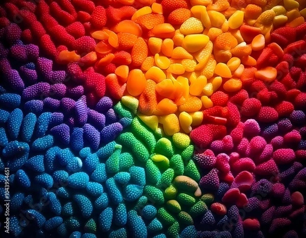 Fototapeta Colorful candy-coated pebbles create a vibrant and playful display on a flat surface