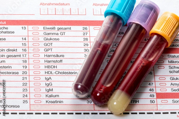 Fototapeta Blutuntersuchung, Blutproben auf einem Laborformular