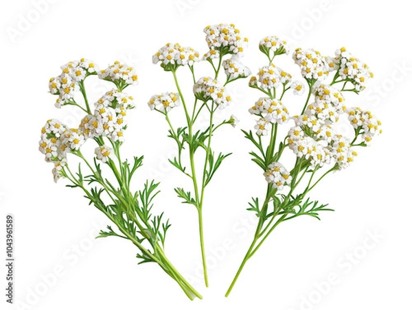 Fototapeta Elegant clusters of white yarrow flowers with delicate green leaves, isolated on a white background.