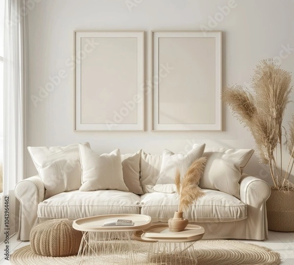 Fototapeta 快適なソファ、スタイリッシュなコーヒーテーブル、エレガントな空の額縁を配した居心地の良いリビングルームインテリア。この魅力的なシーンは、アート作品やデザインの展示に最適です。