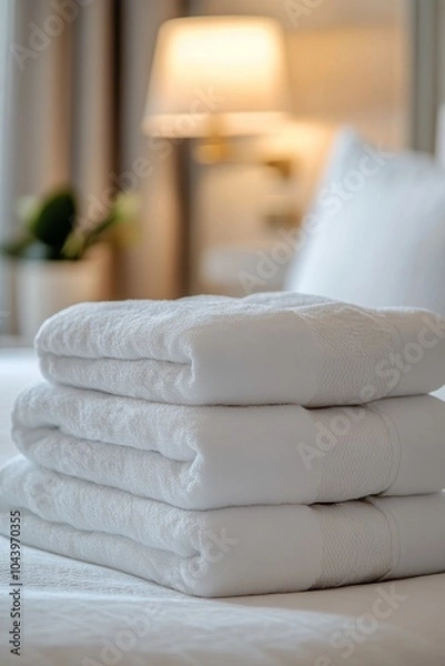 Fototapeta Neatly stacked white towels on a neatly made bed in a cozy hotel room during the day