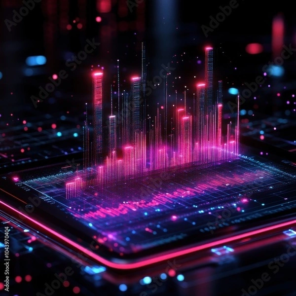 Fototapeta Futuristic digital visualization of sound waves in vibrant pink and blue colors over a circuit board.