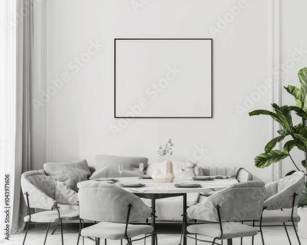 Fototapeta 白い壁に飾られた白い額縁のモックアップ。スタイリッシュなダイニングテーブルセットと快適なソファ。