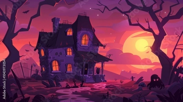 Obraz Spooky Haunted House Cartoon Illustration with Full Moon and Eerie Atmosphere