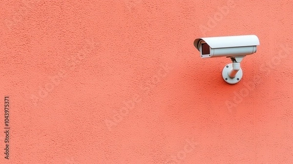 Fototapeta A silver surveillance camera mounted on a vibrant orange wall, highlighting security and modern design.