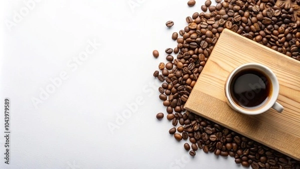Obraz Coffee beans and cup with COFFEE script on white background