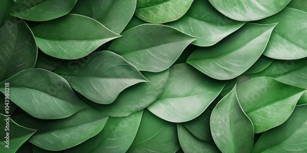 Fototapeta Overlapping green leaves forming a dense natural pattern, creating a smooth and fresh background, perfect for nature and eco-themed designs, selective focus

