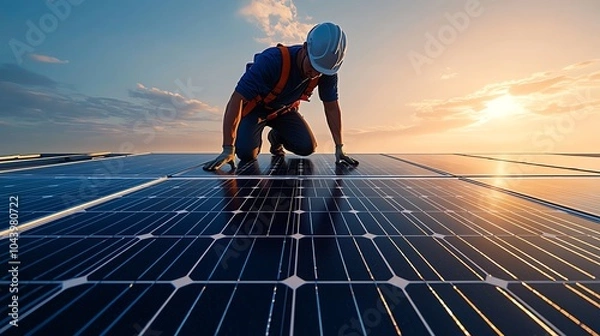 Fototapeta Worker installing solar panels on rooftop at sunset.
