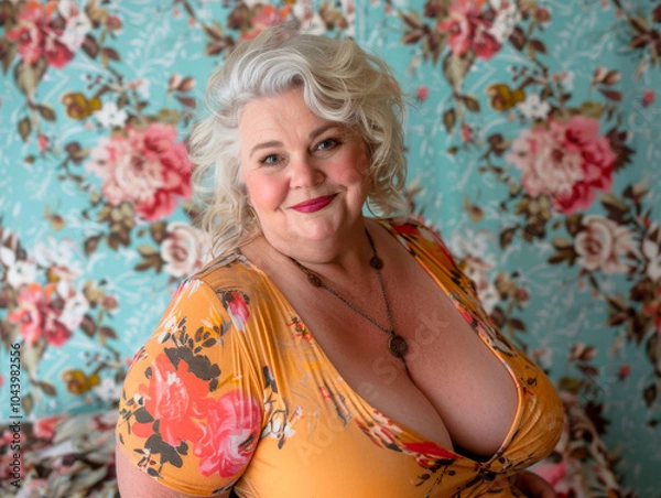 Fototapeta Sixty-year-old plus-size woman with a curvy body and large breasts wearing a floral dress in a sensual pose against a floral pattern background