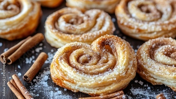 Fototapeta Puff pastry palmiers with cinnamon and sugar, isolated on a dark wooden surface, decorated with small cinnamon sticks and sugar crystals