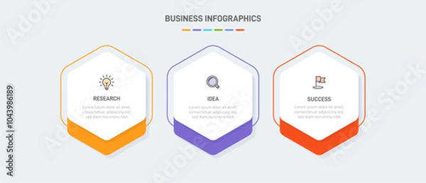 Obraz 3 clean infographic design shaped elements template, symbolizing the three stages of business strategy and progression. Progress bar or timeline. Vector for presentation, web site or app.