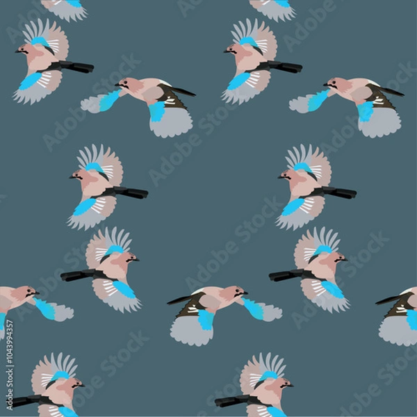 Fototapeta Eurasian jay seamless pattern on blue forest bird stock vector illustration for web, for print, for fabric print