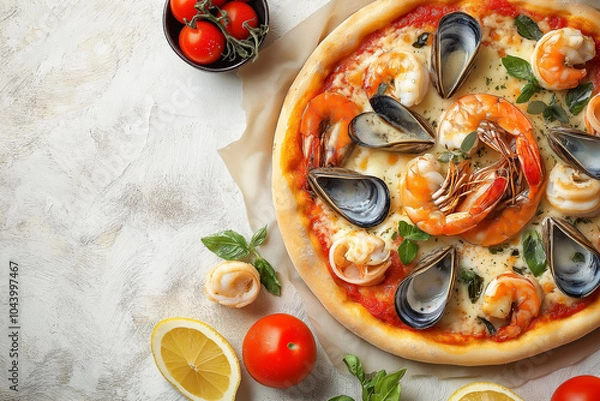 Fototapeta Delicious seafood pizza adorned with shrimp, mussels, and fresh tomatoes on a rustic table. Generative AI