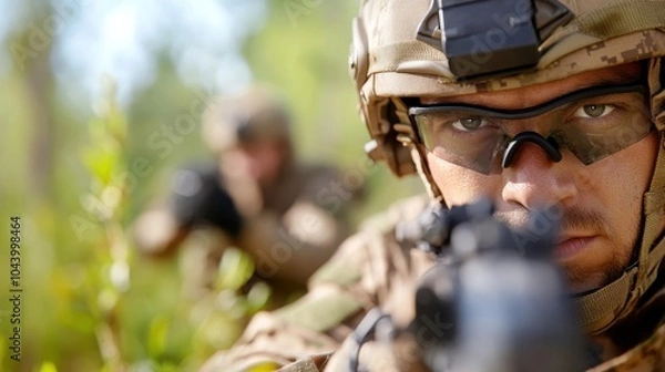 Fototapeta A pair of soldiers, heavily clad in camouflage and eyewear, poised with rifles in a forest setting, displaying readiness, teamwork, and strategic planning.