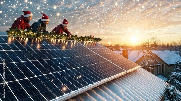 Obraz Solar Panel Installation During Christmas Season with Workers in Santa Hats and Holiday Lights