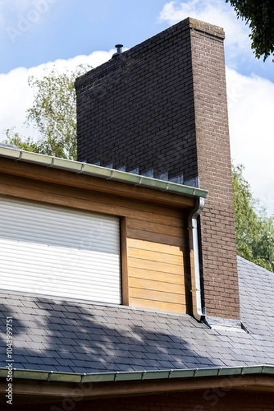 Fototapeta A residential building with a dark brick chimney, white roller shutter, wooden siding, and metal gutters. The roof is covered with gray shingles, with trees and a bright blue sky in the background.